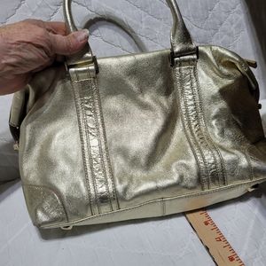 (3498-10)Express Gold Metallic Double Handles.Metal feet, Leather,Handbag, Purse